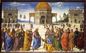 Perugino, approximately 1450-1523. Christ gives the keys of the kingdom to Peter, detail, from Art in the Christian Tradition, a project of the Vanderbilt Divinity Library, Nashville, TN. http://diglib.library.vanderbilt.edu/act-imagelink.pl?RC=55925 [retrieved August 23, 2020]. Original source: http://commons.wikimedia.org/wiki/File:Entrega_de_las_llaves_a_San_Pedro_(Perugino).jpg.